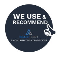 round sign that says we use and recommend Scaff-cert digital inspection certificates