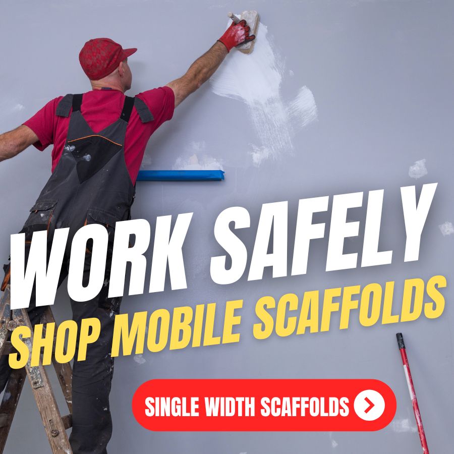 painter reaching dangerously on unsafe ladder with words work safely shop mobile scaffolds